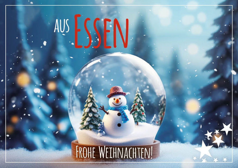 Grüße-aus-Karte Weihnachten „Schneekugel mit Schneemann – Frohe Weihnachten“