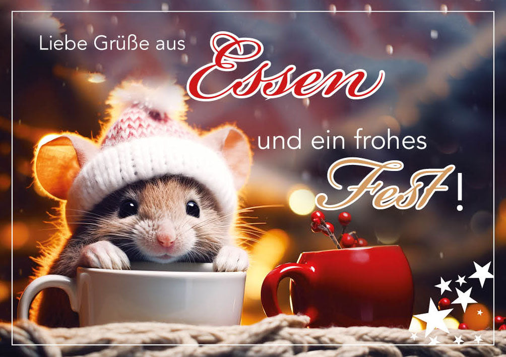 Grüße-aus-Karte Weihnachten „Maus mit Mütze – Ein frohes Fest“