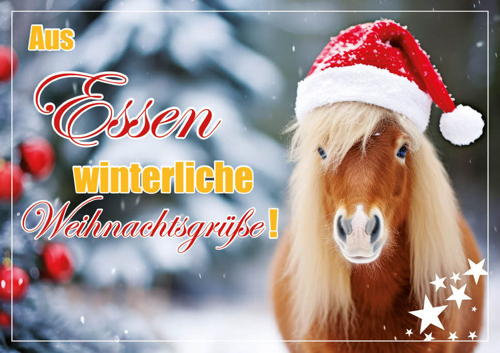 Grüße-aus-Karte Weihnachten „Pony mit Weihnachtsmütze – Winterliche Weihnachtsgrüße“