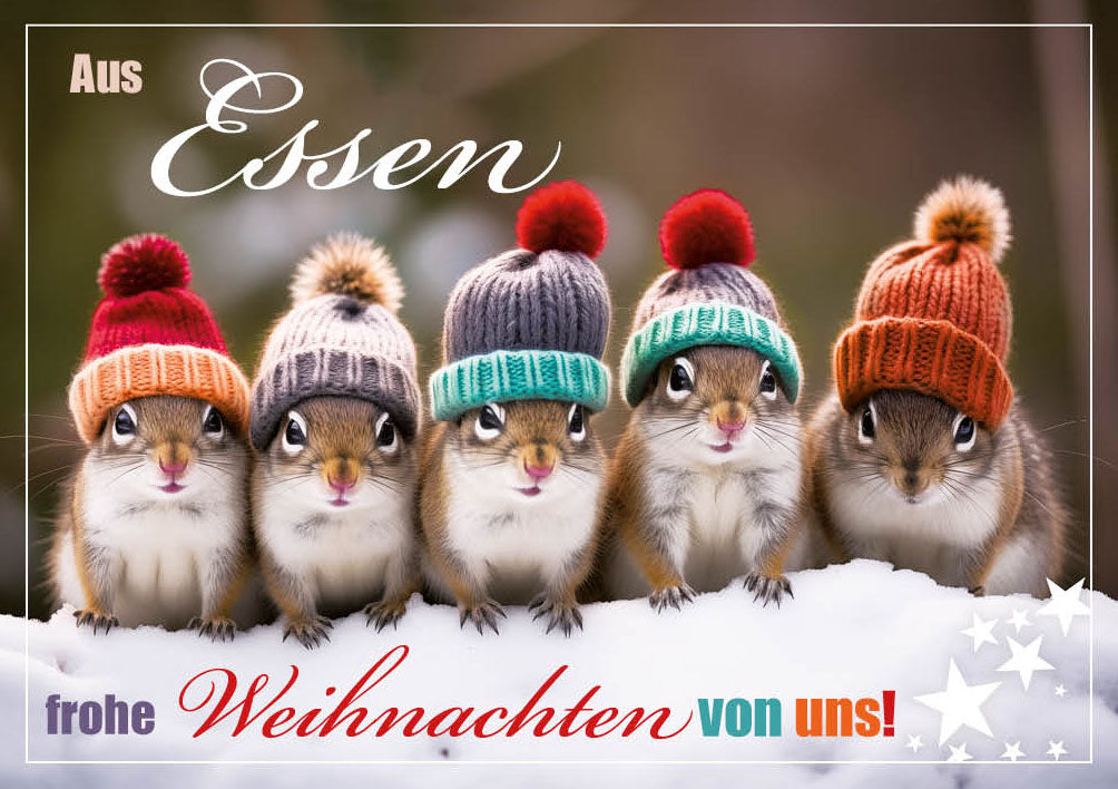 Grüße-aus-Karte Weihnachten „Fünf Mäuse mit Mützen – Frohe Weihnachten von uns“