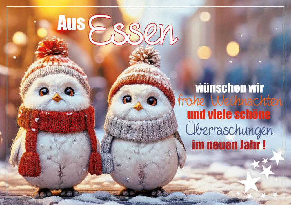 Grüße-aus-Karte Weihnachten „Zwei Eulen mit Mützen – Frohe Weihnachten“