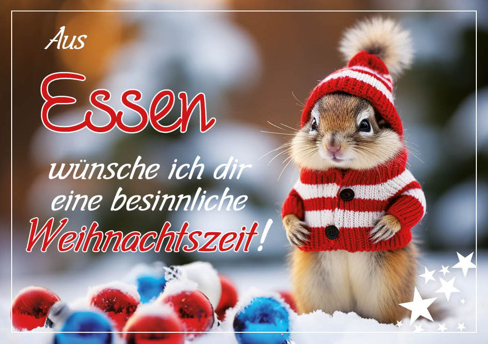 Grüße-aus-Karte Weihnachten „Streifenhörnchen mit Mütze – Besinnliche Weihnachtszeit“