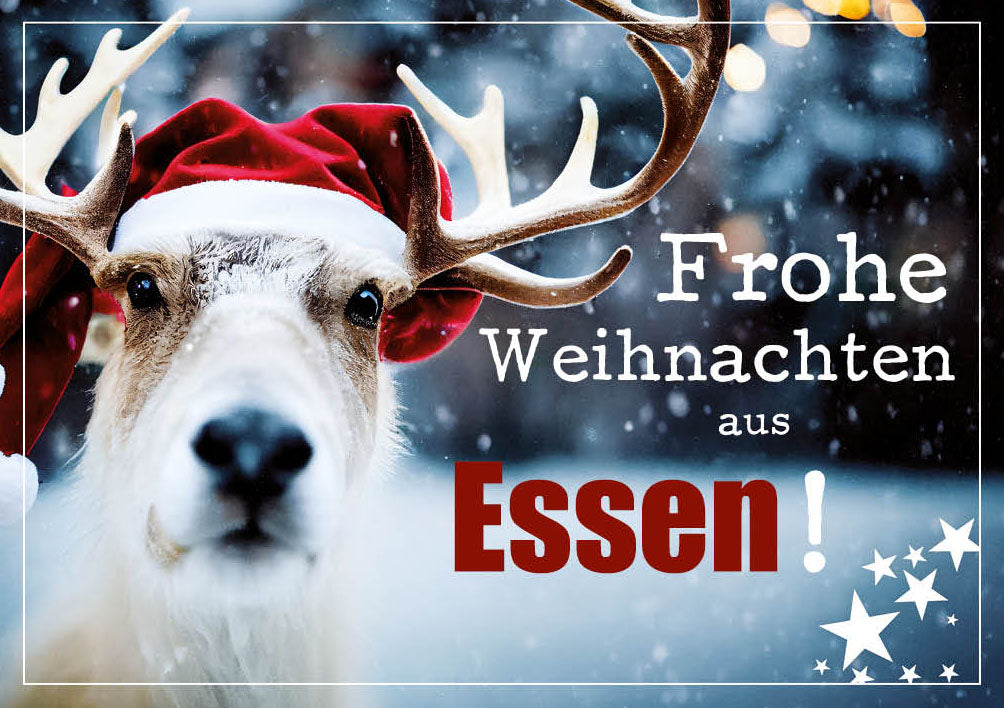 Grüße-aus-Karte Weihnachten „Rentier mit Weihnachtsmütze – Frohe Weihnachten“