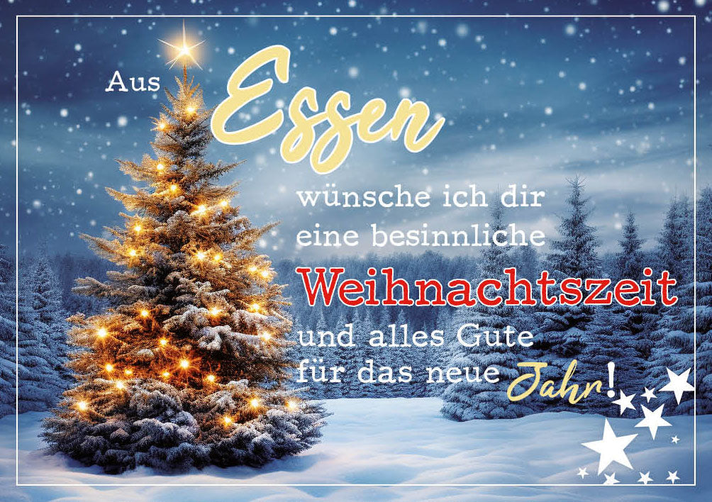 Grüße-aus-Karte Weihnachten „Weihnachtsbaum im Schnee – Besinnliche Weihnachtszeit“