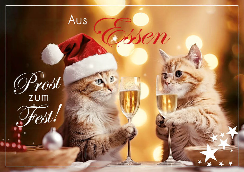 Grüße-aus-Karte Weihnachten „Zwei Katzen mit Sekt – Prost zum Fest“