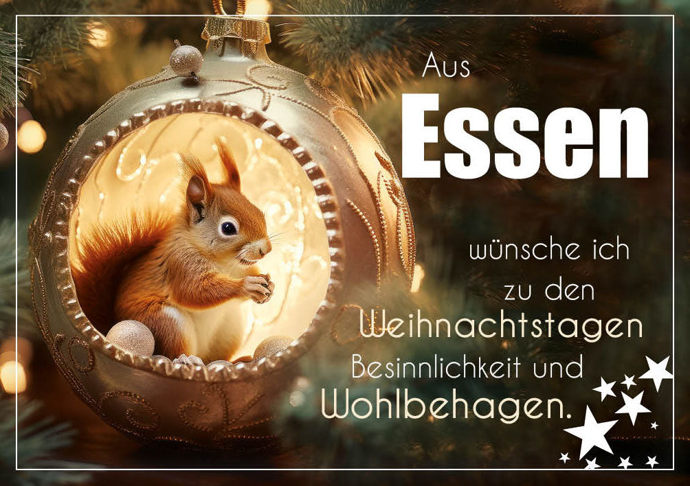Grüße-aus-Karte Weihnachten „Eichhörnchen in der Kugel – Besinnlichkeit und Wohlbehagen“