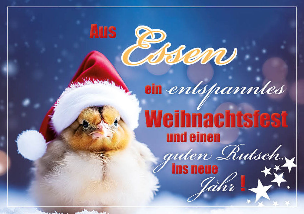 Grüße-aus-Karte Weihnachten „Küken mit Weihnachtsmütze – Ein entspanntes Weihnachtsfest“