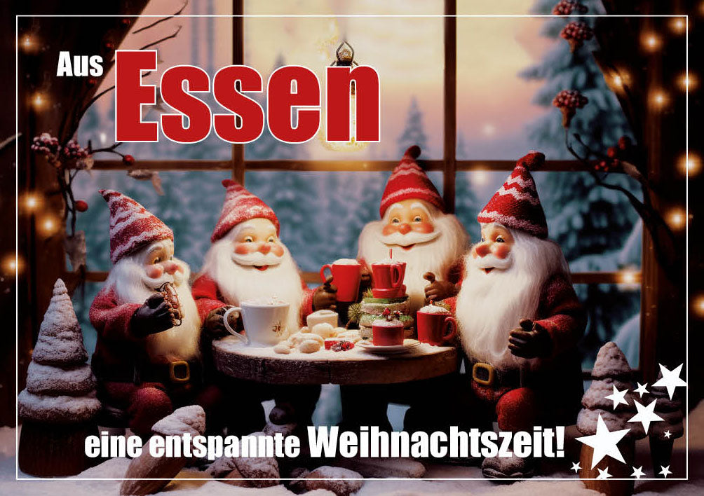 Grüße-aus-Karte Weihnachten „Wichtel am Tisch – Eine entspannte Weihnachtszeit“