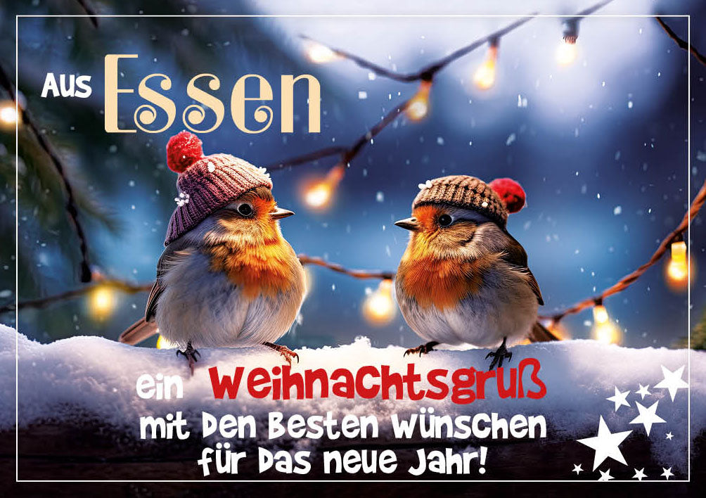 Grüße-aus-Karte Weihnachten „Zwei Rotkehlchen – Ein Weihnachtsgruß“