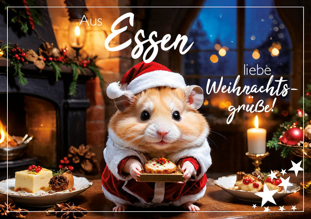 Grüße-aus-Karte Weihnachten „Hamster mit Plätzchen – Liebe Weihnachtsgrüße“