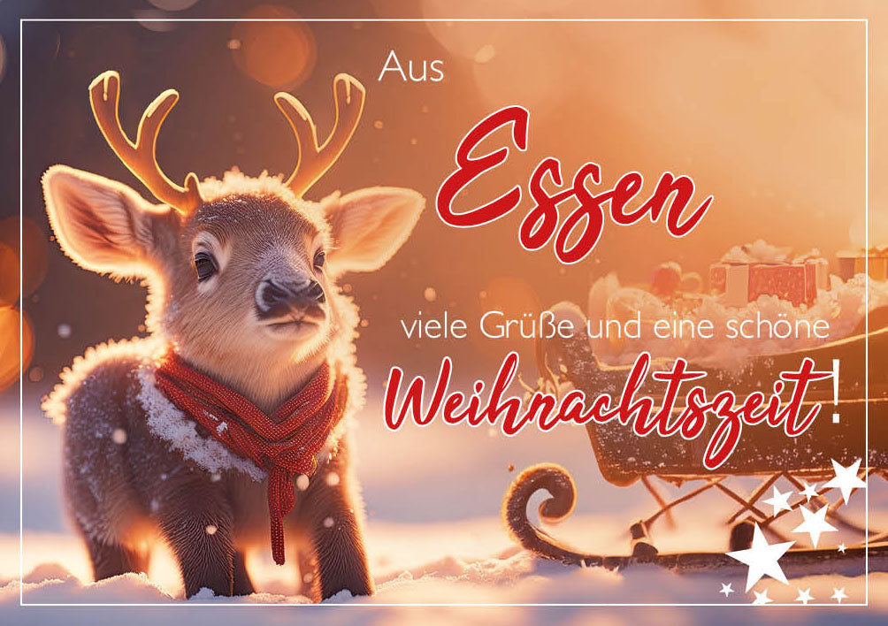 Grüße-aus-Karte Weihnachten „Rentierkalb mit Schal – Eine schöne Weihnachtszeit“