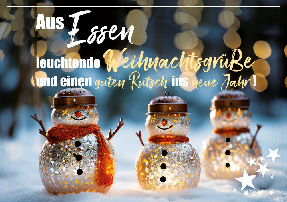 Grüße-aus-Karte Weihnachten „Drei Schneemänner – Leuchtende Weihnachtsgrüße“