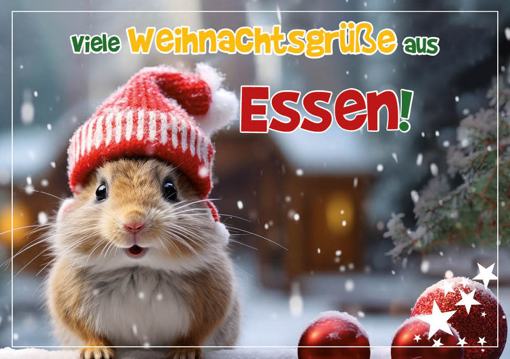Grüße-aus-Karte Weihnachten „Hamster mit Strickmütze – Viele Weihnachtsgrüße“