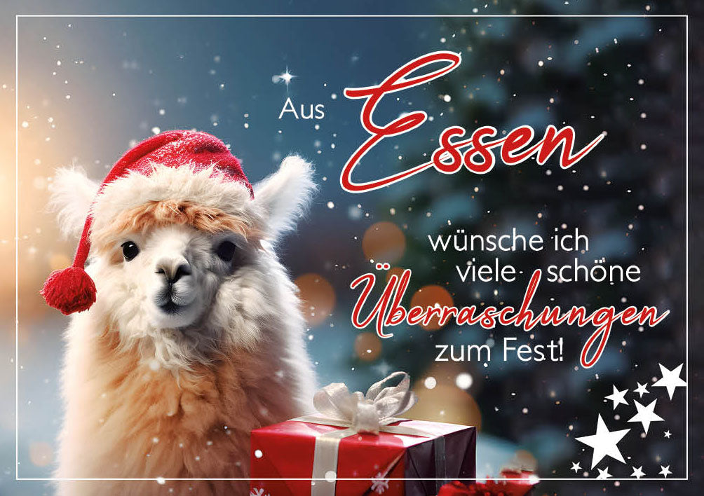 Grüße-aus-Karte Weihnachten „Alpaka mit Weihnachtsmütze – Viele schöne Überraschungen“