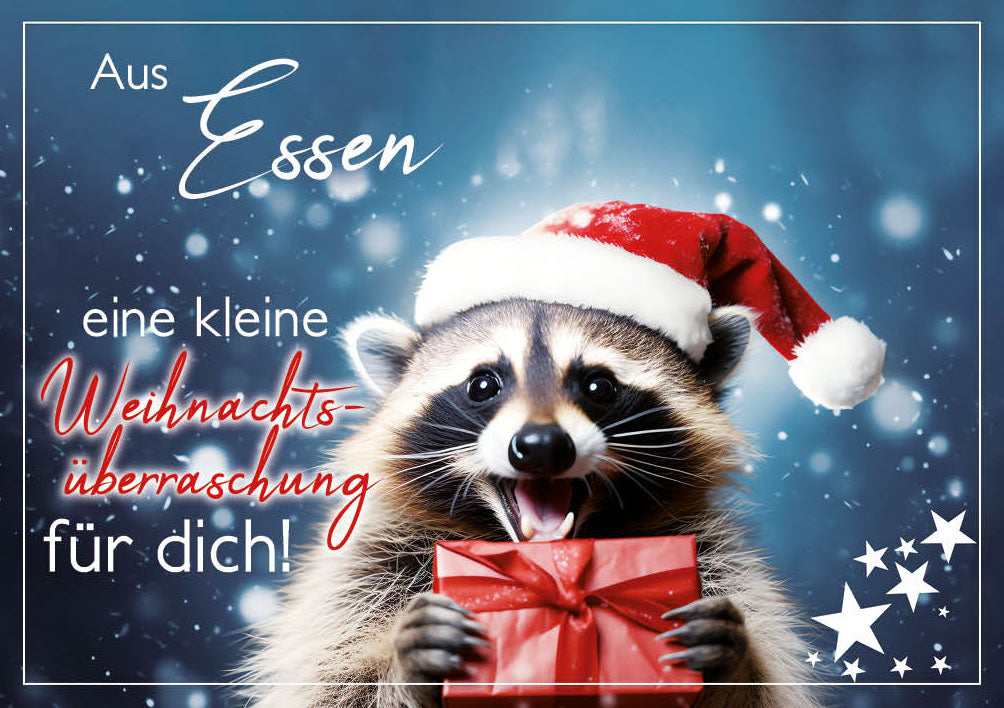 Grüße-aus-Karte Weihnachten „Waschbär mit Geschenk – Eine kleine Weihnachtsüberraschung“