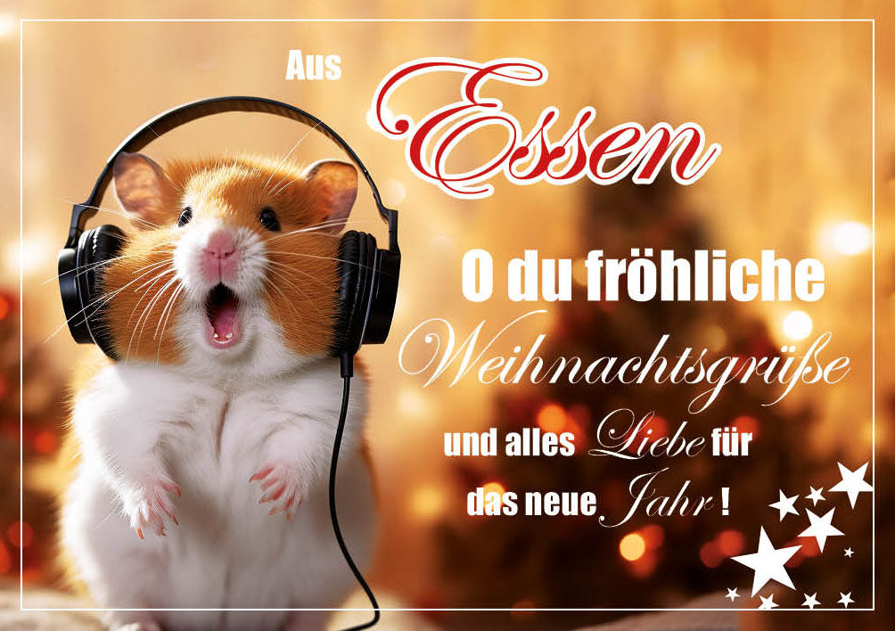 Grüße-aus-Karte Weihnachten „Hamster mit Kopfhörer – O du fröhliche“
