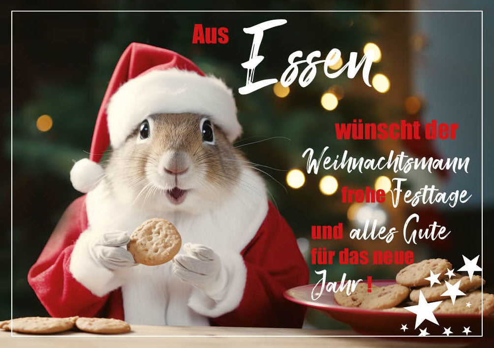 Grüße-aus-Karte Weihnachten „Hamster mit Plätzchen – Frohe Festtage“