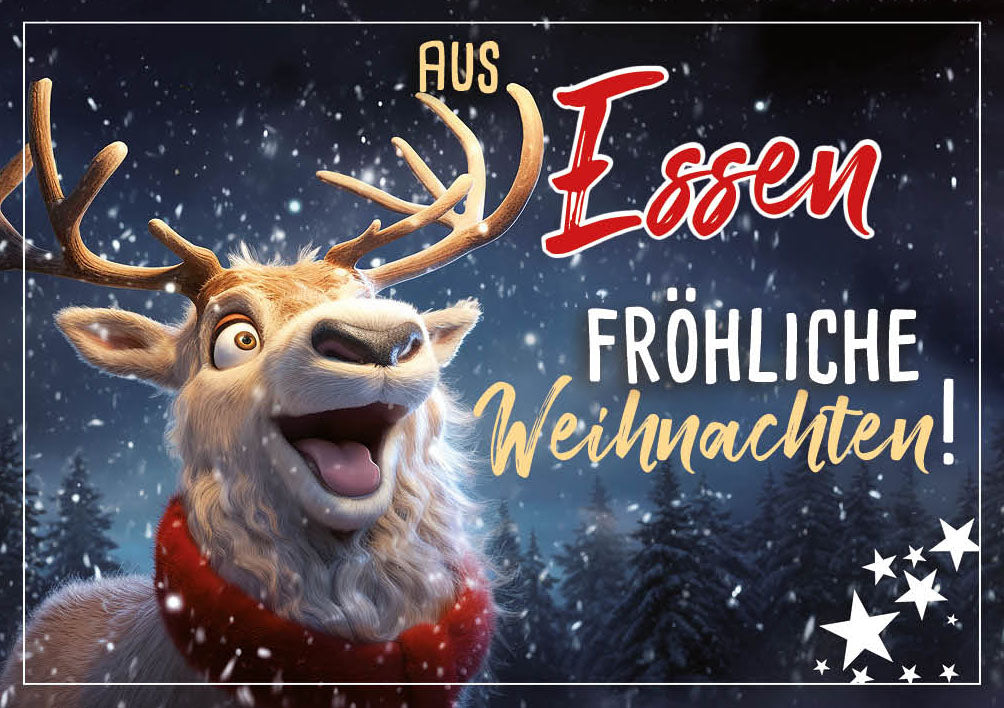 Grüße-aus-Karte Weihnachten „Lachendes Rentier – Fröhliche Weihnachten“