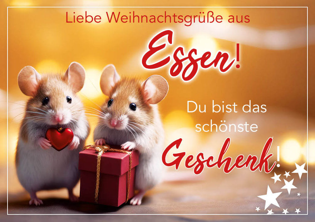 Grüße-aus-Karte Weihnachten „Zwei Mäuse mit Geschenk – Du bist das schönste Geschenk“