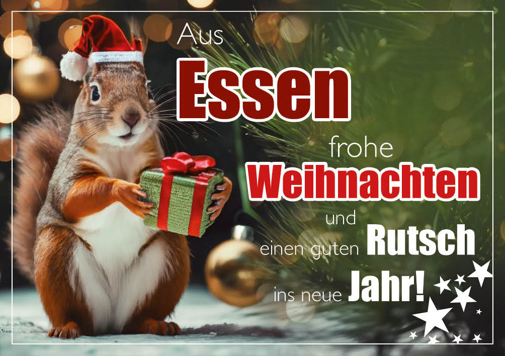 Grüße-aus-Karte Weihnachten „Eichhörnchen mit Geschenk – Frohe Weihnachten“