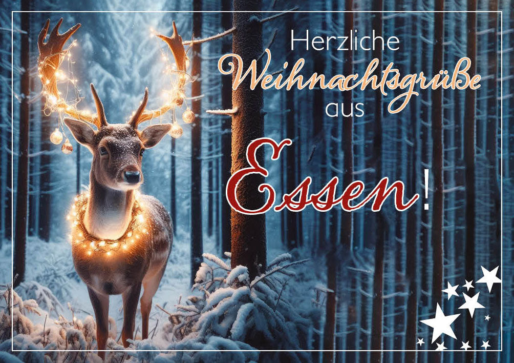 Grüße-aus-Karte Weihnachten „Leuchtender Hirsch im Wald – Herzliche Weihnachtsgrüße“