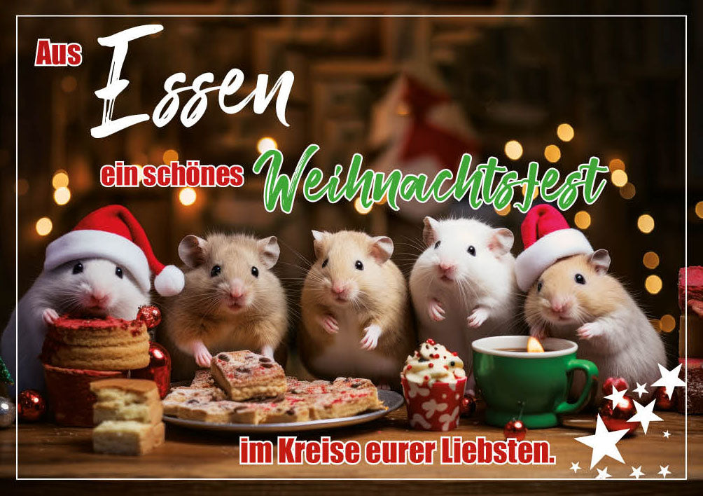 Grüße-aus-Karte Weihnachten „Mäuse am Festtisch – Ein schönes Weihnachtsfest“