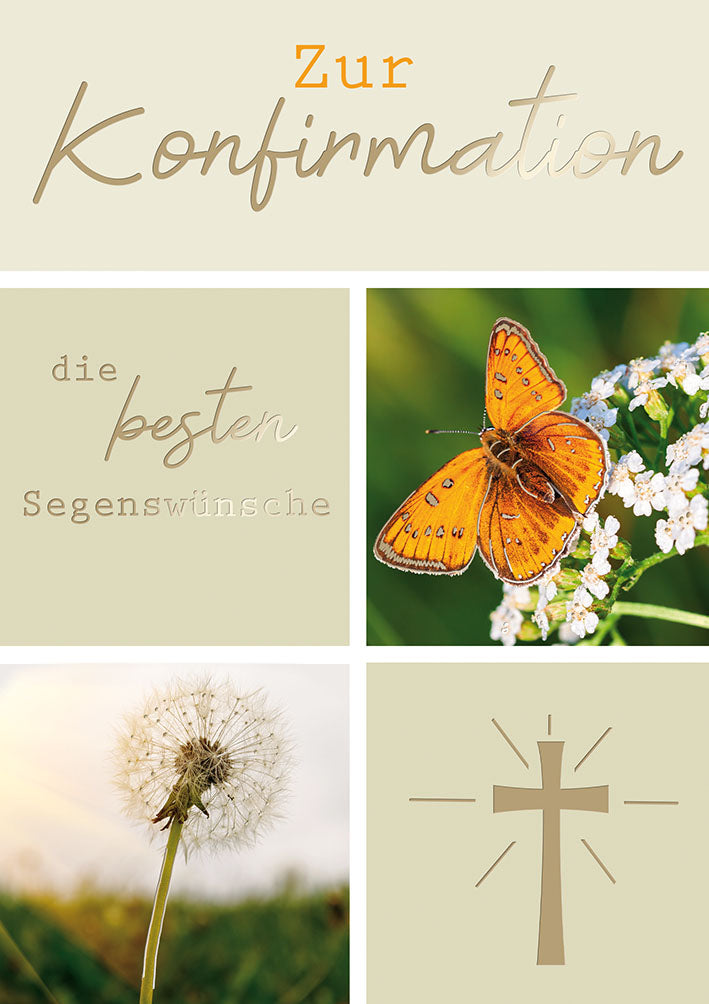 Konfirmationskarte „Schmetterling, Pusteblume und Kreuz“