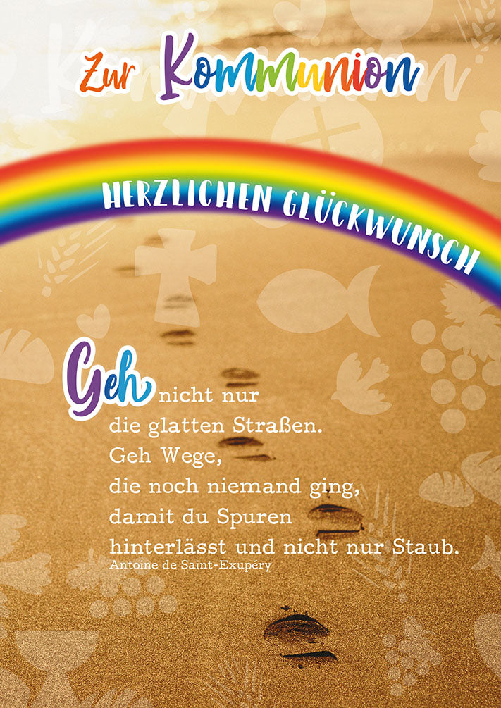 Kommunionskarte „Regenbogen und Fußspuren“