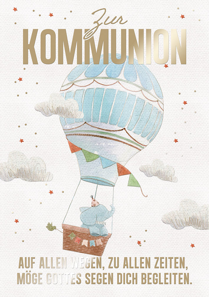Kommunionskarte „Heißluftballon mit Tieren“