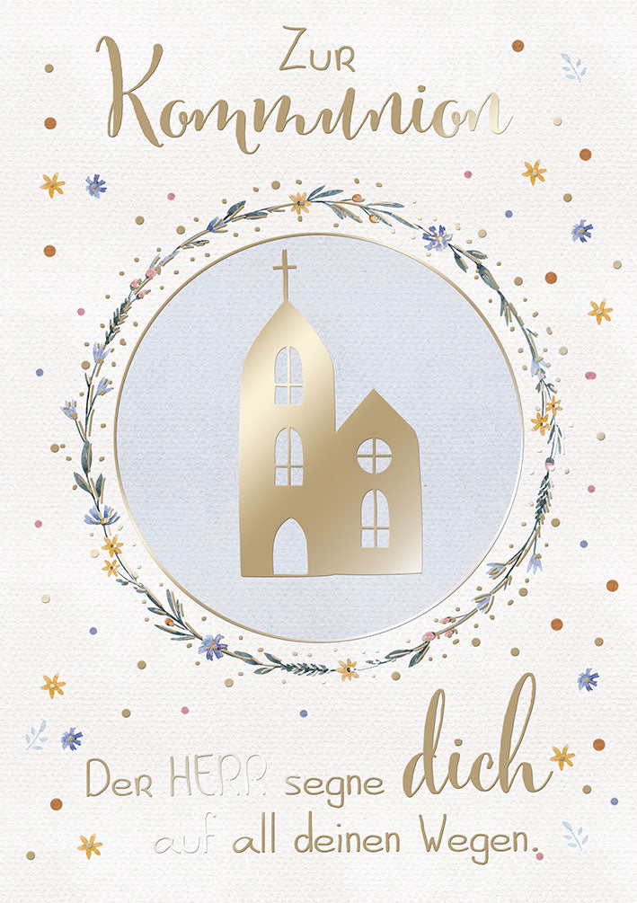 Kommunionskarte „Goldene Kirche im Kranz“